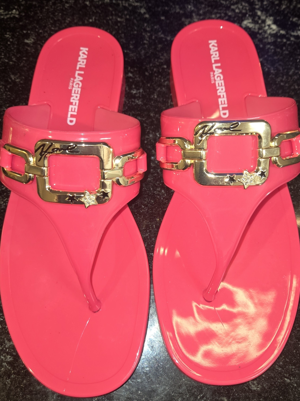 Karl Lagerfeld Women's Hot Pink Jelly Thong Sandals with Gold Buckle